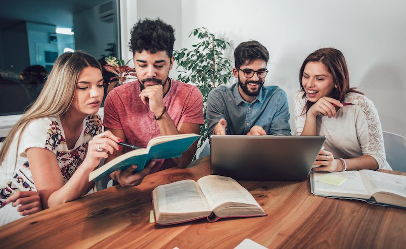 Group of students study at home. Learning and preparing for university exam.